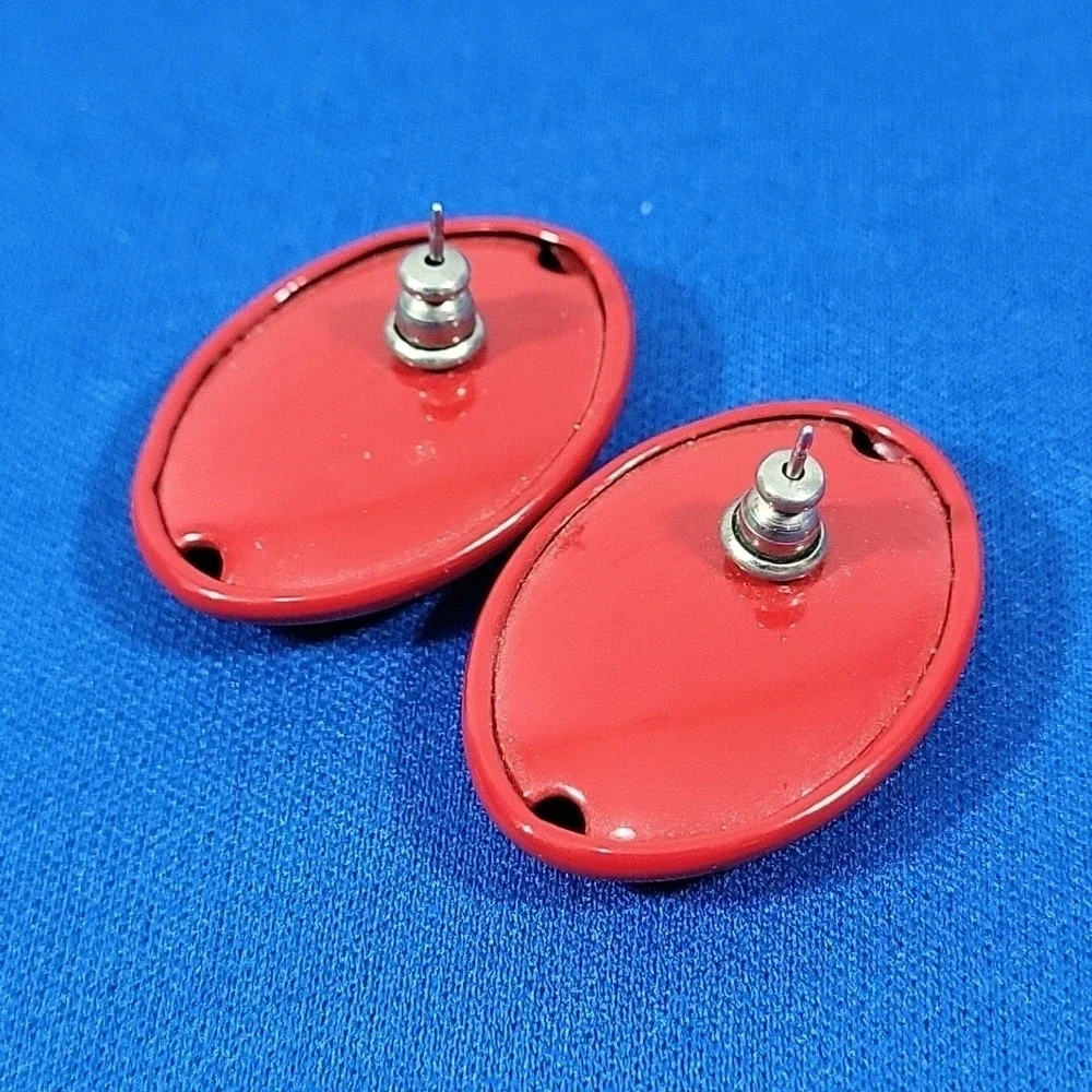 Vintage 80s Earrings Red Enamel Oval Dot Oversized‎ Statement Pierced Posts